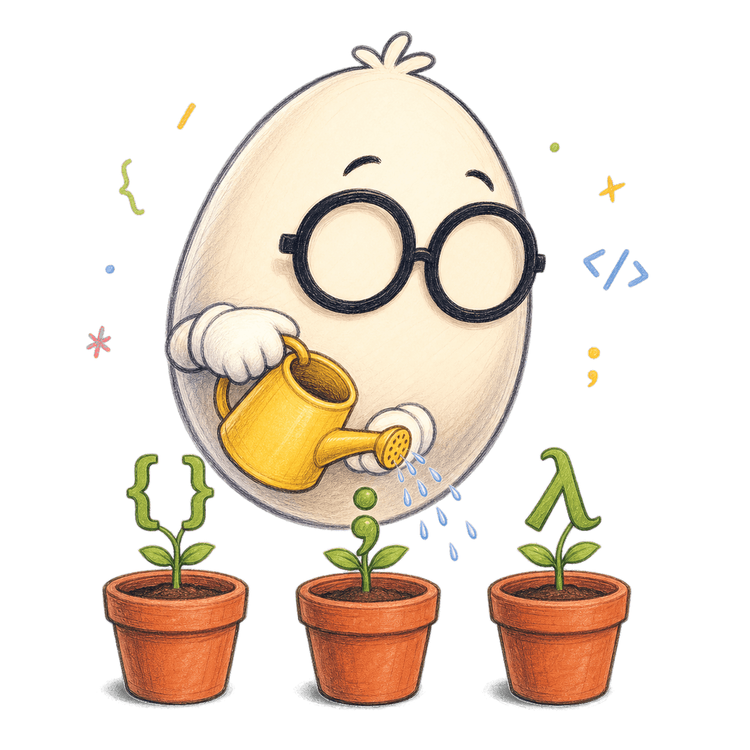 Eggo the egghead mascot watering tiny sprouting code saplings
